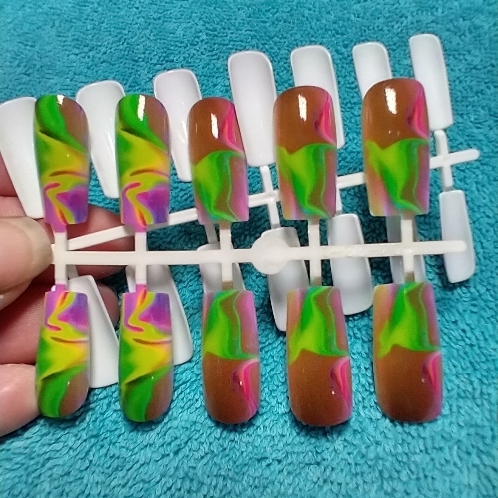 Press on nails colorful multicolor watercolor nail set green yellow purple